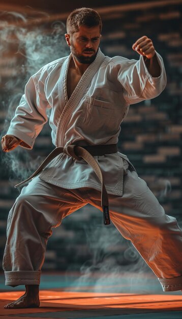 Foto uniforme de karatê dinâmico em ação performance de kata enfatizando a técnica simbolizando o esporte olímpico