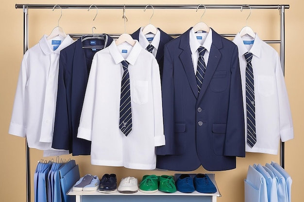 Uniforme escolar para niños y adolescentes en colgadores