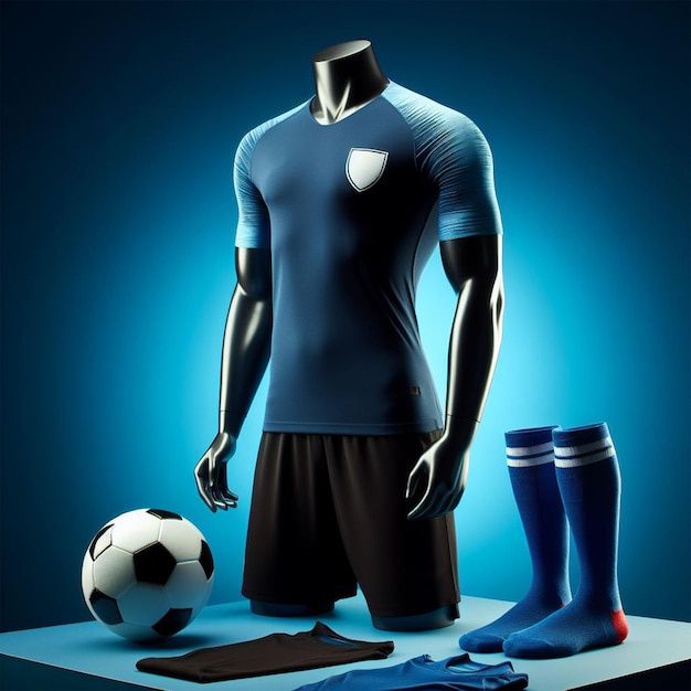 uniforme de fútbol en un maniquí sobre un fondo azul