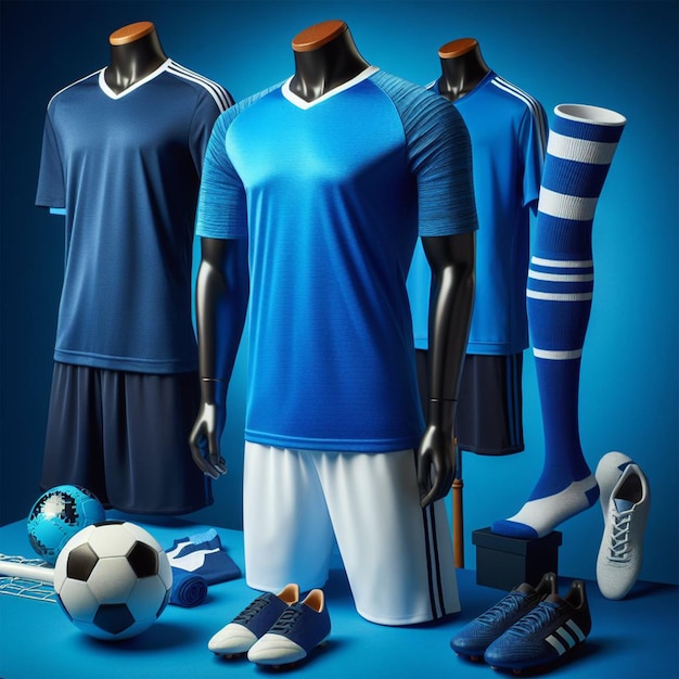 uniforme de fútbol en un maniquí sobre un fondo azul