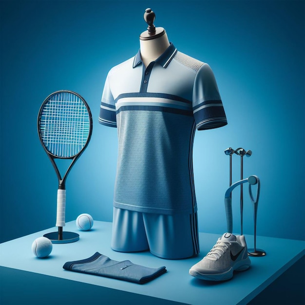 uniforme de tenis en un maniquí sobre un fondo azul