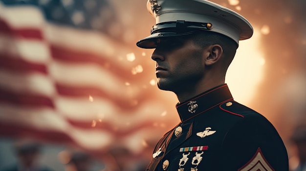 Uniformierter Mann steht vor der amerikanischen Flagge und symbolisiert Patriotismus und Dienst am amerikanischen Unabhängigkeitstag