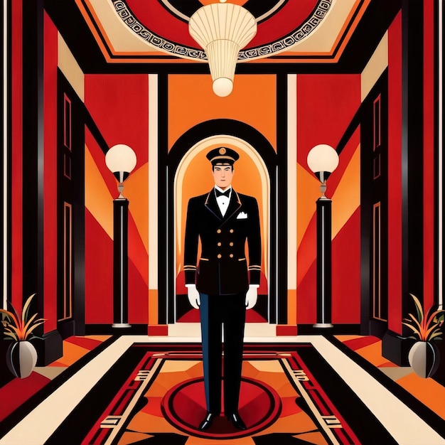 Foto uniformiertes service-personal, bellboy, portier in der lobby eines hotels oder apartments, klassischer retro-art-deco-stil