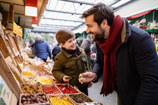 Foto unindo-se em mordidas explorando juntos um mercado animado