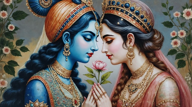 La unión divina: el abrazo romántico de Krishna y Radha