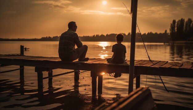 Unión familiar al aire libre puesta de sol agua relajación amor generado por IA