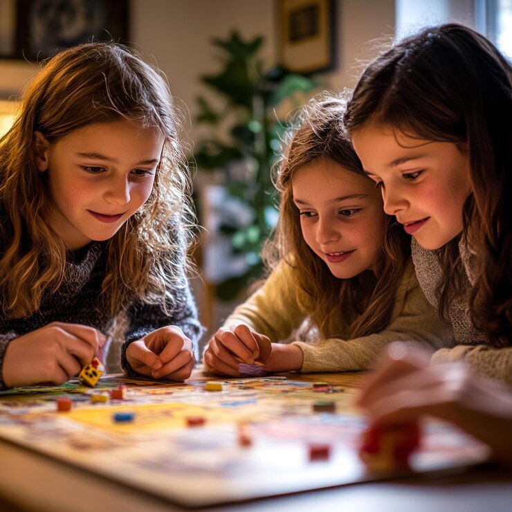 La unión familiar en el juego de tablero Los niños disfrutan de la diversión competitiva en casa