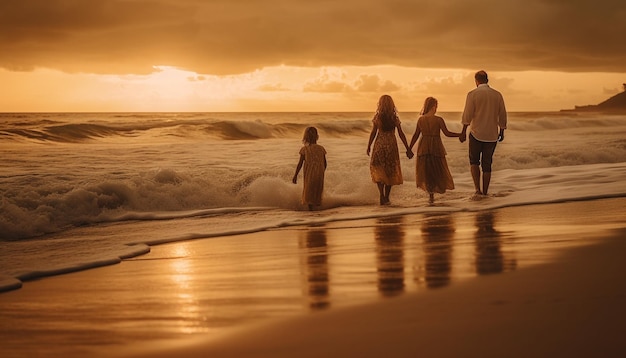 Unión familiar en la playa al atardecer generada por IA