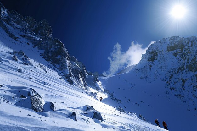 Foto unirse a los escaladores en su ascenso de la empinada nieve generativa ai