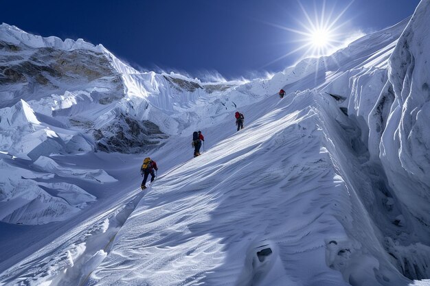 Foto unirse a los escaladores en su ascenso de la empinada nieve generativa ai