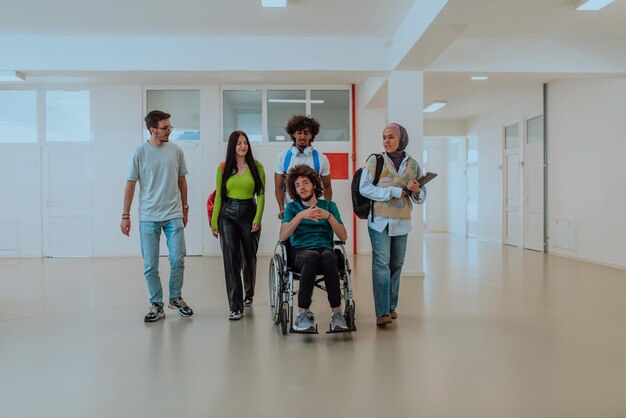 En una universidad moderna, un grupo diverso de estudiantes, incluido un estudiante afroamericano y un