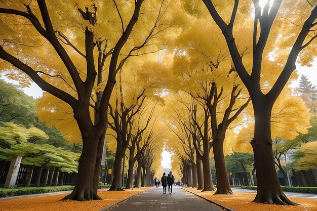 Universidade de Hokkaido Avenida Ginkgo Outono japonês cativante