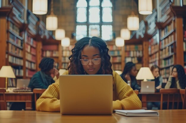 Foto universitätsbibliothek begabtes schwarzes mädchen benutzt laptop schreibt notizen für das papier