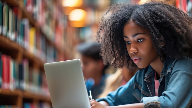 Universitätsbibliothek Begabtes schwarzes Mädchen benutzt Laptop