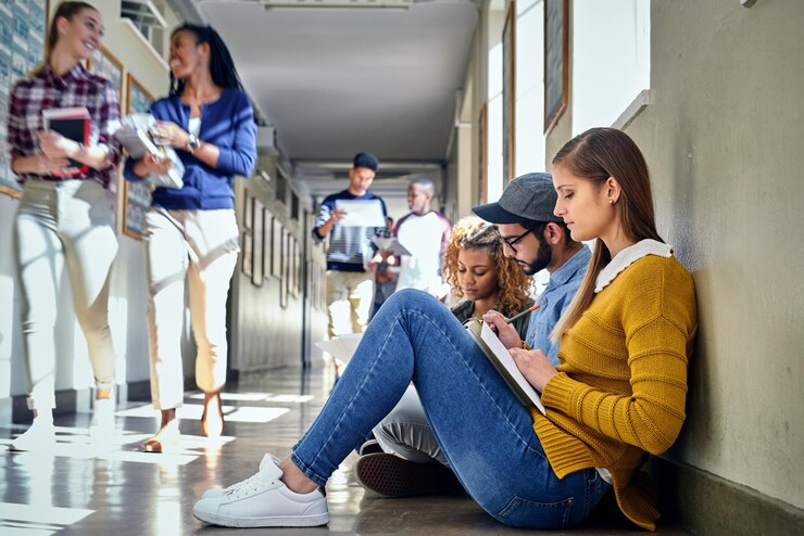 Foto universitätsleute und studieren auf dem boden im korridor für bildung lernen oder vorbereitung für tests campusstudent und weibliche person mit buch im flur für akademische kenntnisse oder schreiben von prüfungsnotizen
