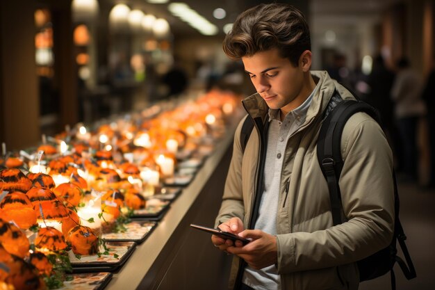 Universitätsstudent bestellt frisches Sushi für reisegenerierende IA