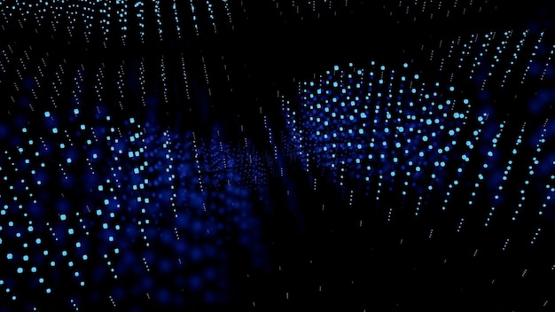 El universo del campo de datos de las partículas tecnológicas diseña ondas de diminutos puntos brillantes que se mueven arriba y abajo.
