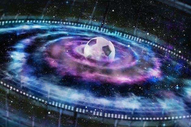 Universo com estrelas brilhantes e bola de futebol no centro