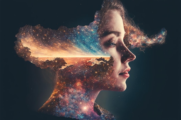 Universo e galáxia dentro da mente meditativa de dupla exposição do cérebro da mulher