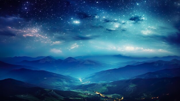 Universo noturno cheio de estrelas nebulosa e galáxia vista na floresta