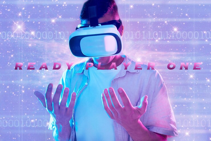 Foto universo de realidad virtual y hombre en metaverso con auriculares de tecnología 3d vr neón futurista o jugador masculino que explora estrellas del cosmos galáctico o aeroespacial mientras mira las manos en un juego de fantasía en línea