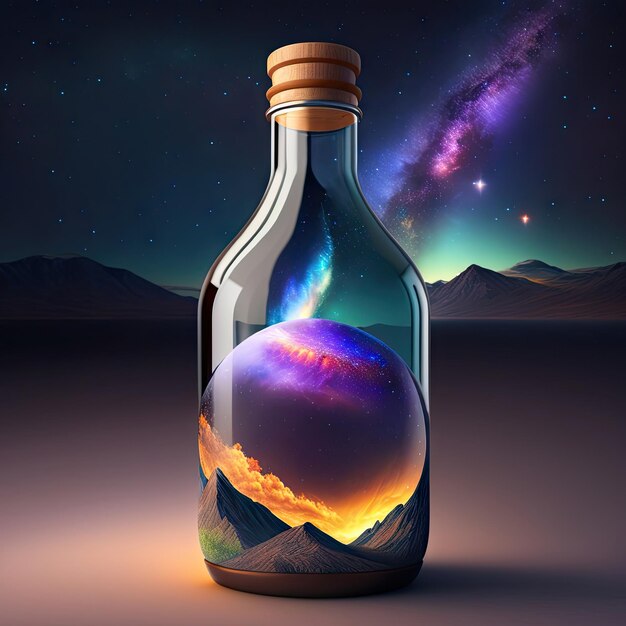 Universum in einer Flasche Glasflasche mit Galaxie in Sternen, Planeten und Weltraum-Fantasie-Astronomie