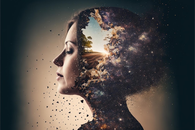 Universum und Galaxie im Gehirn der Frau Doppelbelichtung meditativer Geist