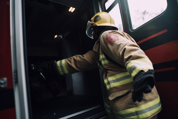 Unkenntlich gemachter Feuerwehrmann, der gerade dabei ist, die Tür seines Lastwagens zu schließen