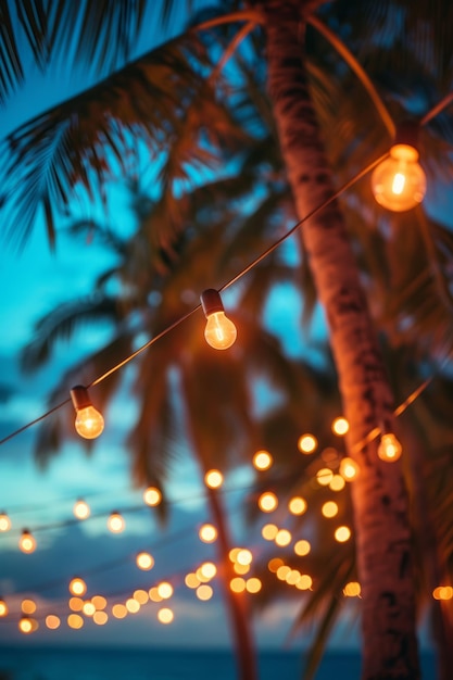 Unklarer Hintergrund der Strandfeier Girlanden von Glühbirnen sind zwischen Palmen angeschlossen