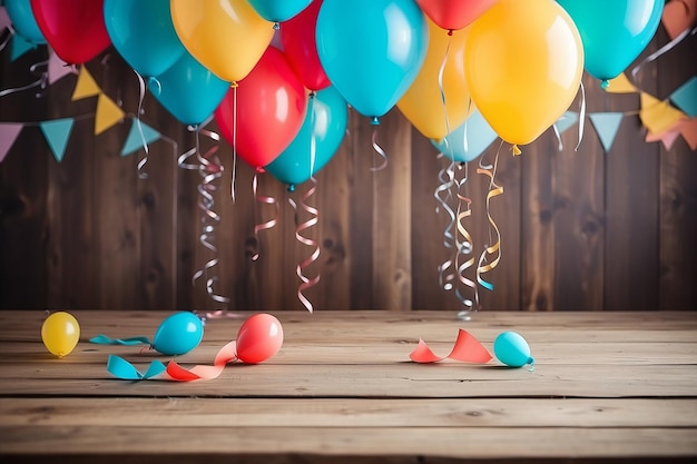 Unklarer Hintergrund Party-Dekoration mit Ballon Unterhaltung Lifestyle-Konzept Vintage gefiltertes Bild Holztisch