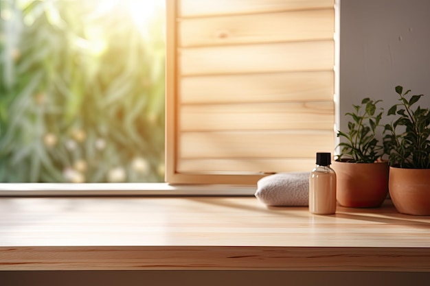 Unklares Badezimmerfenster und Regale Hintergrund mit einem Holztisch