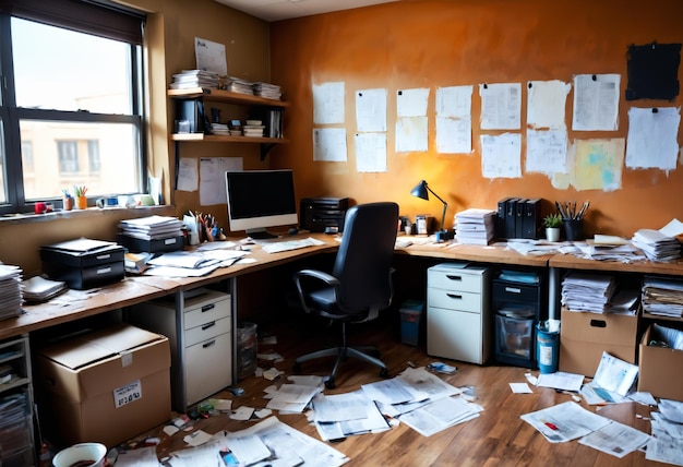 Foto unordentliches büro mit vielen papieren generative ki