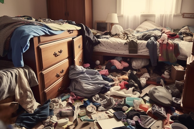 Foto unordnung im zimmer eines teenagers kleider sind auf dem boden der kommode verstreut