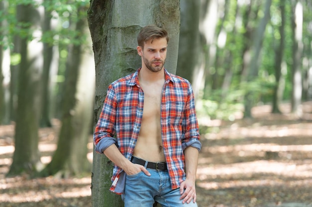 Unrasierter lumbersexueller Kerl im aufgeknöpften Holzfällerhemd, das am Baumwaldhintergrund steht