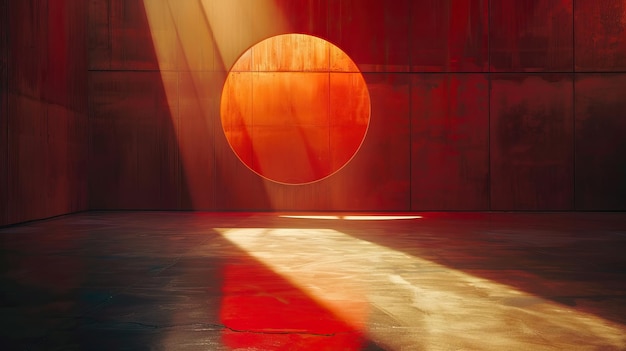 Unreal Engine 51: raios de luz volumétricos brilhando através de uma janela redonda em uma sala de concreto.