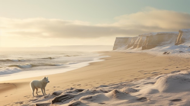 Unreal Engine Rendered Weißer Hund am Sandstrand am Ozean