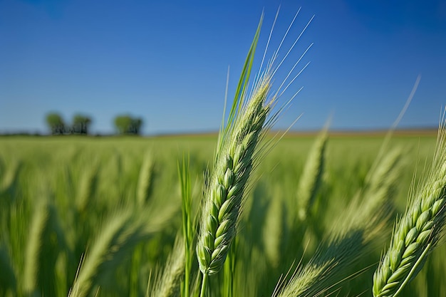 Unreifes Weizengras in einem Feld vor blauem Himmel