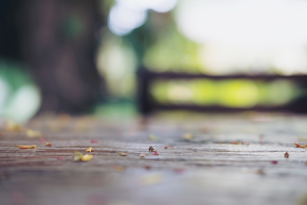 Unschärfe und bokeh Bild von Schrottblättern und -blumen auf Holztisch