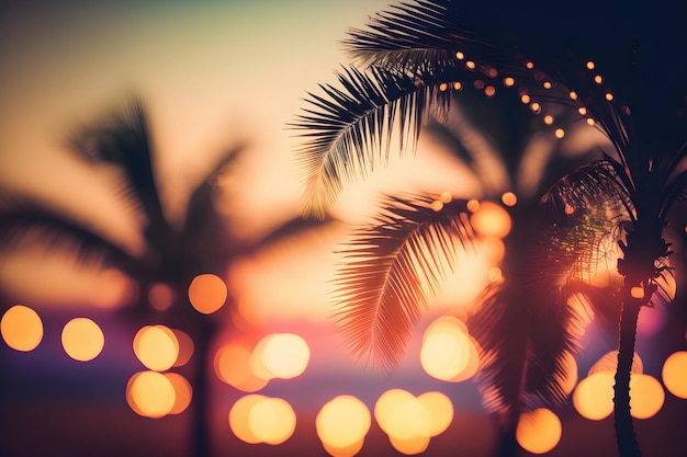 Unscharfer Sonnenunterganghintergrund mit Palmensilhouetten