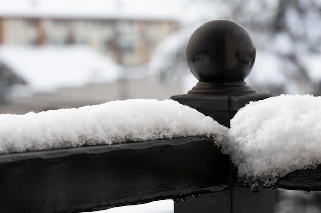 Unscharfer Texturhintergrund für Design-Schneehintergrund auf hölzernem Balkongeländer nach Schneefall