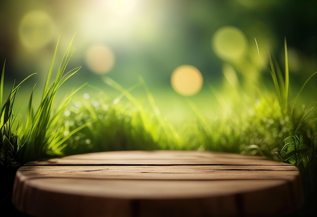 Unscharfer Waldhintergrund und teilweise Landschaft einer Gartentischplatte aus Holz