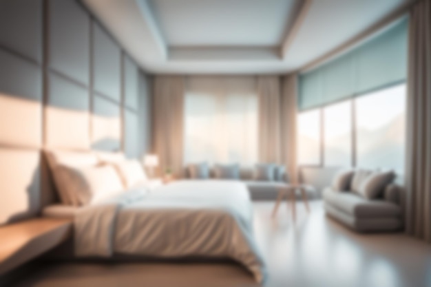 Unscharfes Bild eines Schlafzimmers mit Möbeln zu Hause und Sonnenlicht zur Hintergrundnutzung