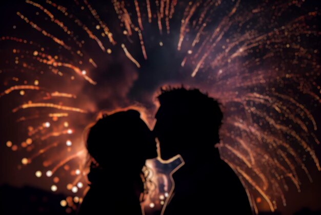 Unscharfes Foto einer Silhouette eines Paares mit Neujahrsfeuerwerk im Hintergrund