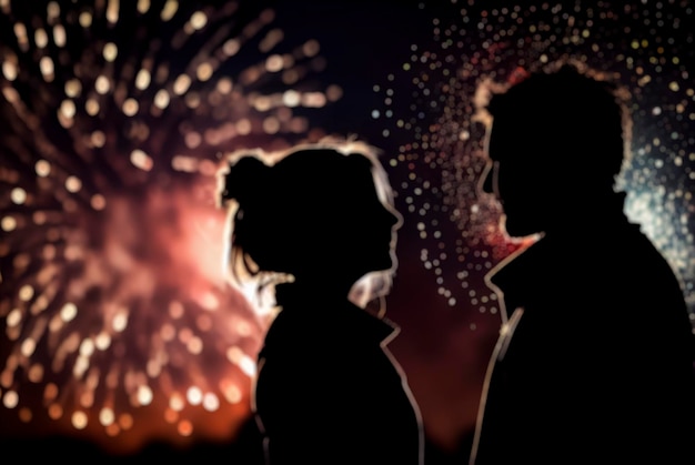 Unscharfes Foto einer Silhouette eines Paares mit Neujahrsfeuerwerk im Hintergrund