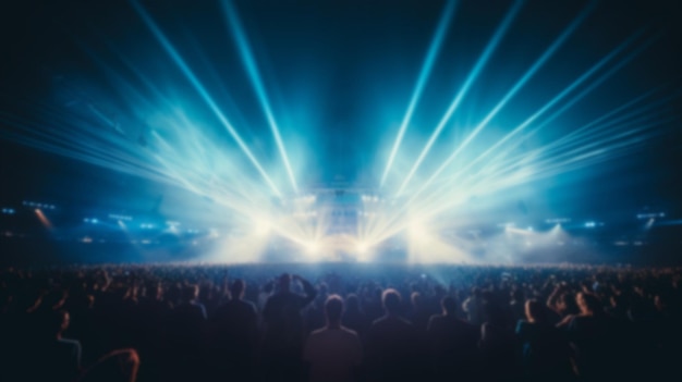 Unscharfes Publikum, das sich eine Live-Show im Stadion des Konzertsaals mit farbigem Beleuchtungshintergrund ansieht