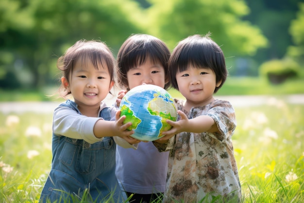 Unschuld und Verantwortung Asiatisches Kind hält die Erde auf lebendigem Grün