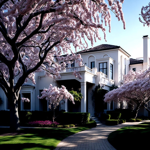Unsere atemberaubenden Luxushäuser sind von einer malerischen Landschaft von weißer und rosa KI umgeben.