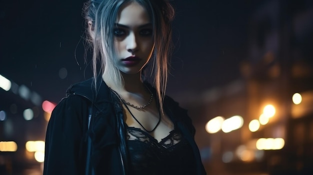 Unter den nächtlichen Lichtern der Stadt sticht eine Frau in Gothic-Kleidung mit ihrer kühnen, dunklen Ästhetik hervor und schafft eine geheimnisvolle und fesselnde Präsenz
