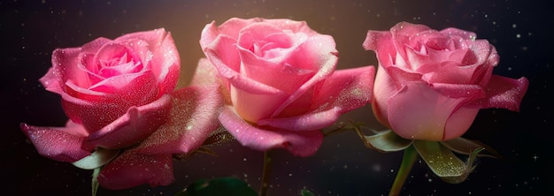 Foto unter der generativen ki von pink star lights werden drei rosafarbene rosen angezeigt