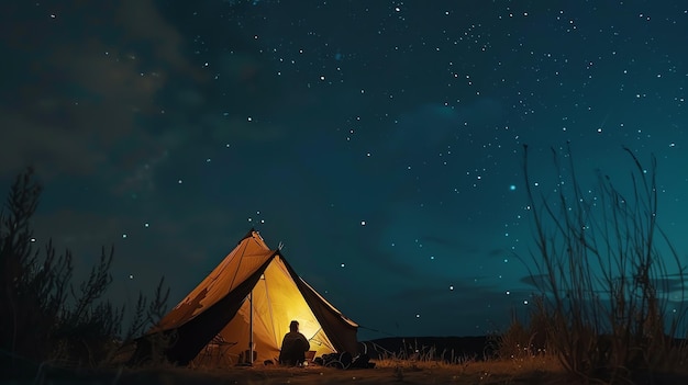 Unter einem Sternenhimmel sitzt ein einsamer Camper in seinem Zelt, das vom warmen Leuchten einer Laterne beleuchtet wird.